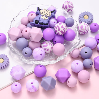 Purple Highland Cow Daisy Silicone Beads Set