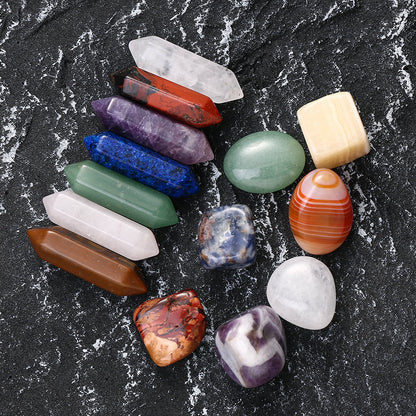 14PCS Natural Stone Double-Pointed Hexagonal Prism Set