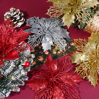 10PCS 16cm Gold, Silver & Red Hollow Christmas Flower Set