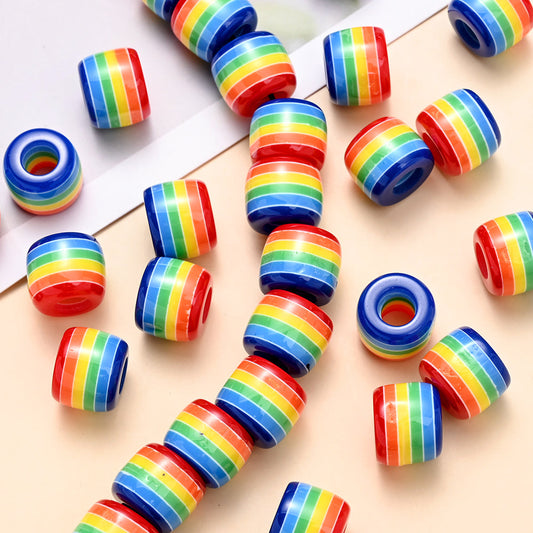 50pcs 12x10mm Rainbow Striped Resin Large Hole Barrel Beads - Perfect