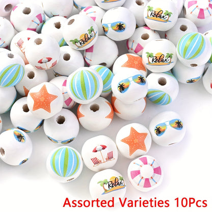 10PCS 16mm Beach-Themed Printed Wooden Bead Set