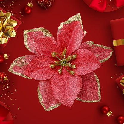 10PCS 13×13cm Gold & Red Glitter Christmas Flower Picks