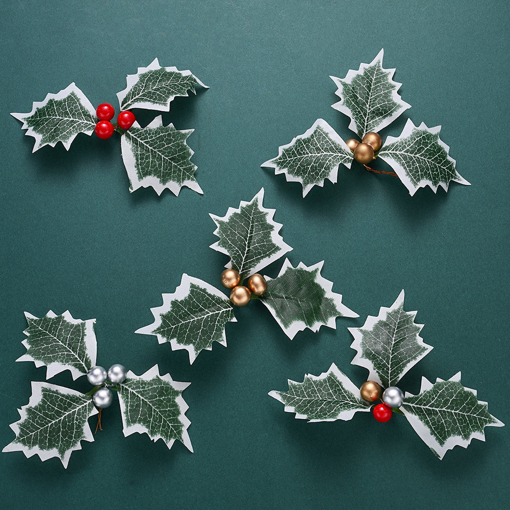 10PCS 5.5×6.5cm Christmas Holly Leaf & Berry Picks