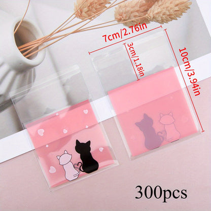 300-Piece Cat Print Self-Adhesive OPP Jewelry Bags