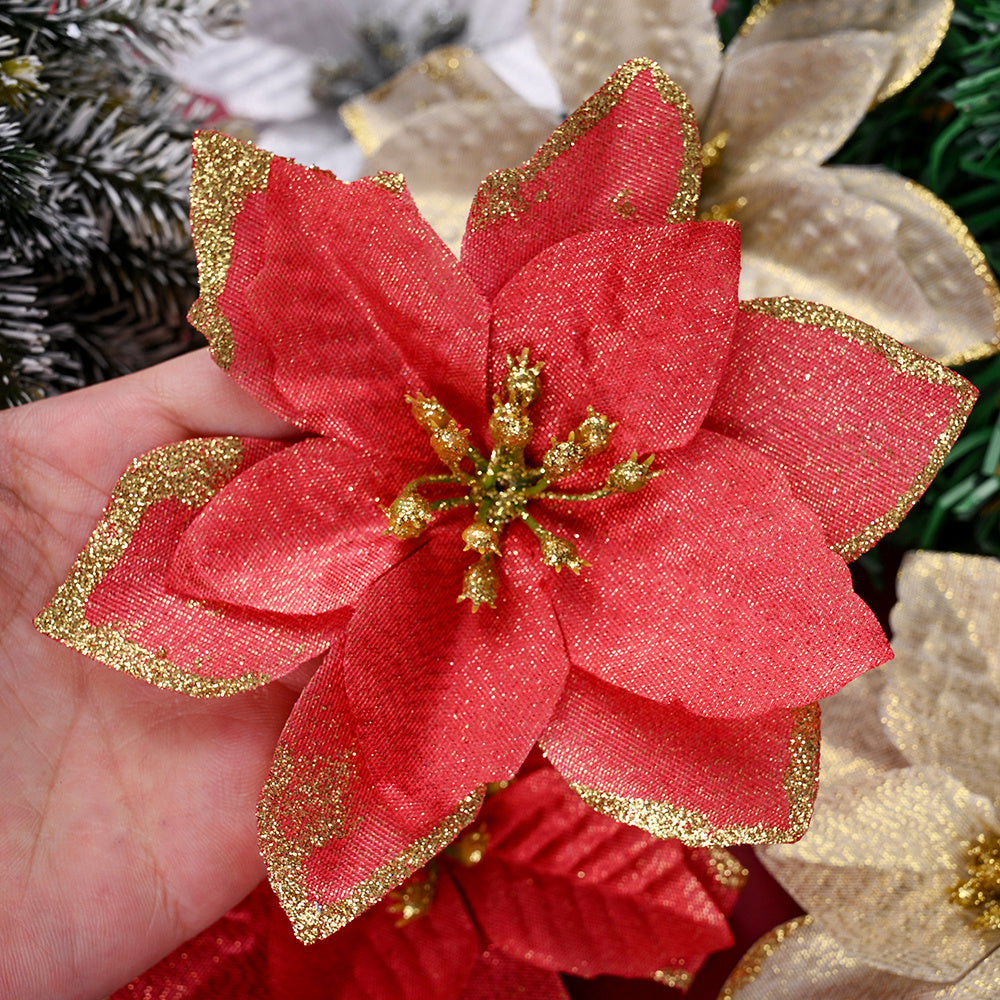 10PCS 13×13cm Gold & Red Glitter Christmas Flower Picks