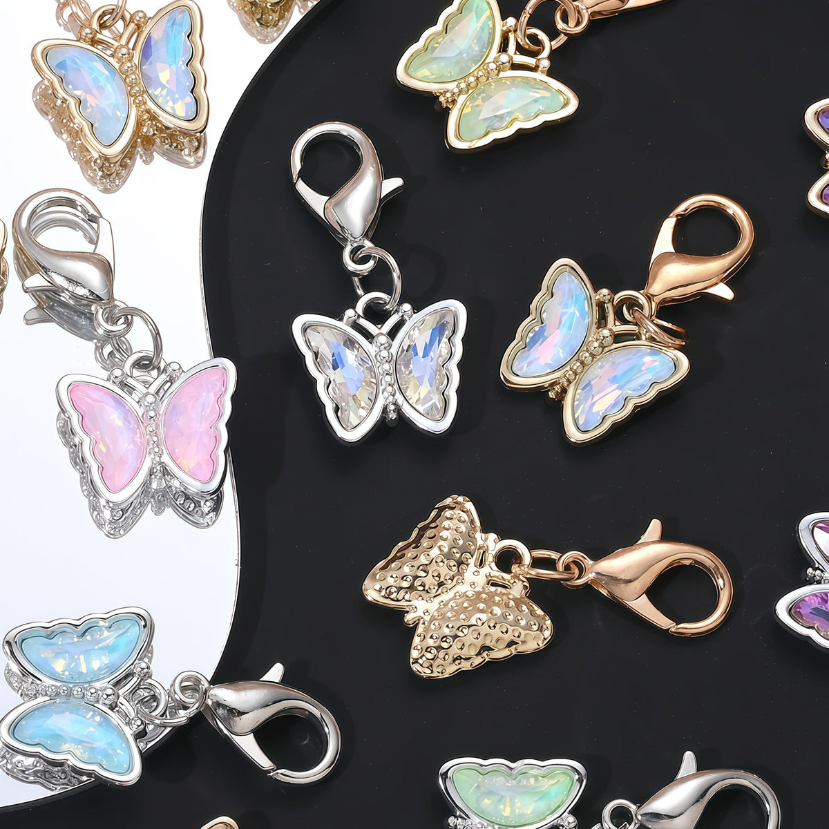 18PCS Multicolor Rhinestone Butterfly Mini Keychain Set