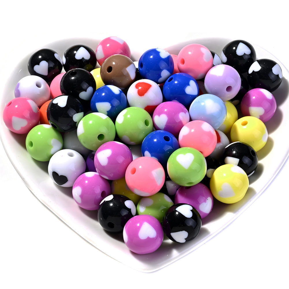 10pcs 16mm Mixed Color Acrylic Heart Pattern Round Beads