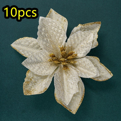 10PCS 13×13cm Gold & Red Glitter Christmas Flower Picks