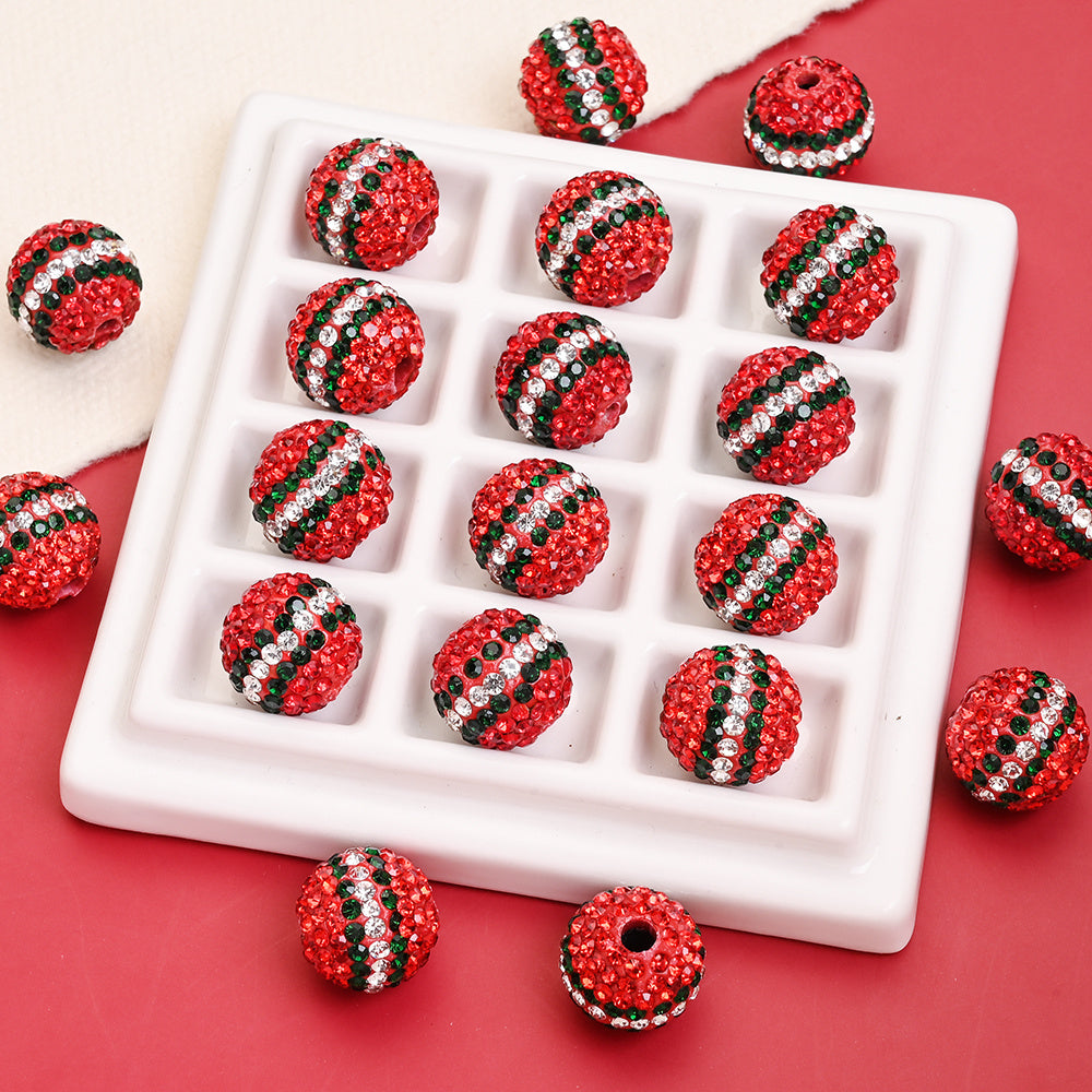 Red Striped Round Acrylic Faux Diamond Beads