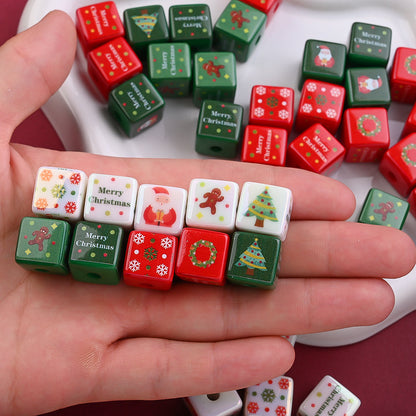 10PCS 14mm Multicolor Christmas Printed Square Acrylic Bead Set