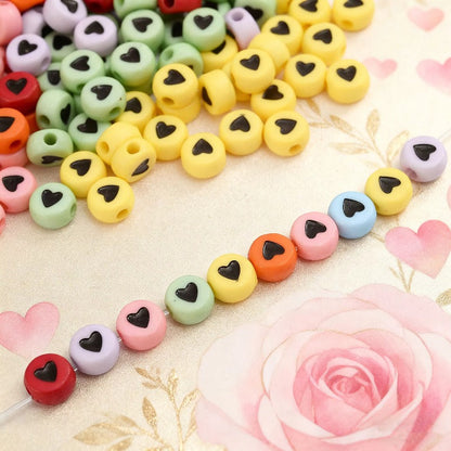 100pcs Colorful Flat Round Heart Acrylic Beads