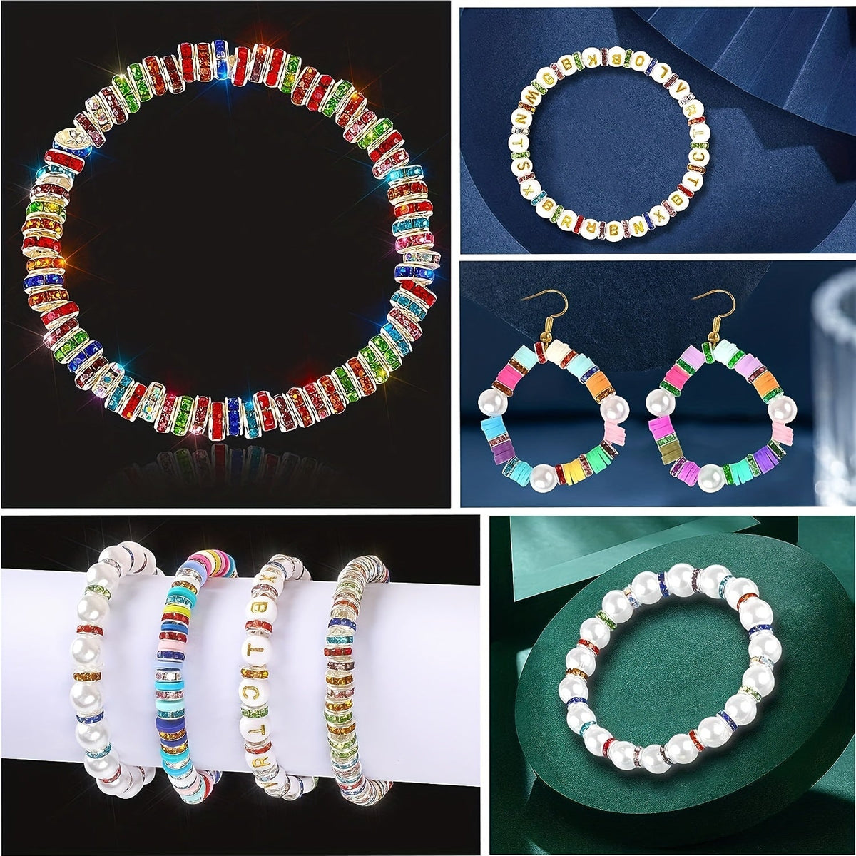 50PCS Mixed Color Rhinestone Metal Spacer Bead Set