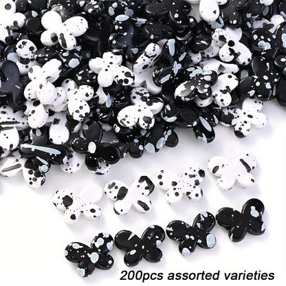 100/200pcs Star Heart Butterfly Beads Acrylic Black & White Graffiti