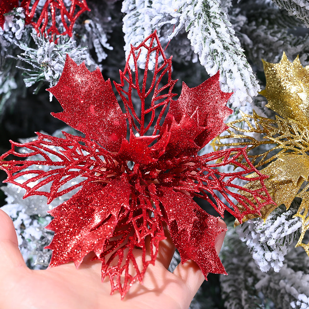 10PCS 16cm Gold, Silver & Red Hollow Christmas Flower Set