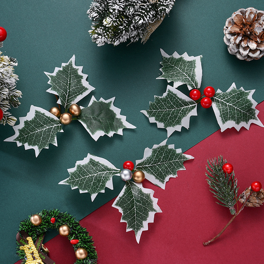 Simulated Christmas Green Leaves & Red Berry Decorations