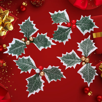 10PCS 5.5×6.5cm Christmas Holly Leaf & Berry Picks