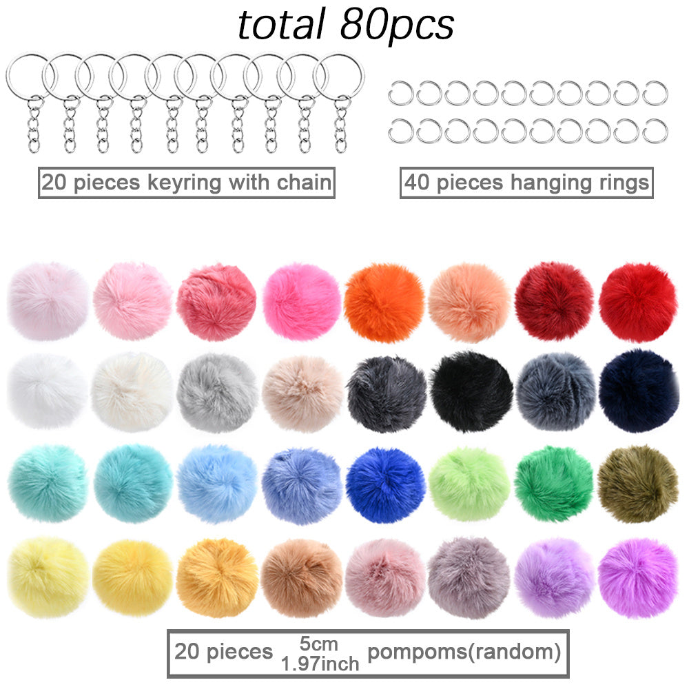 80-Piece Faux Fur Pom Pom Keychain Making Kit