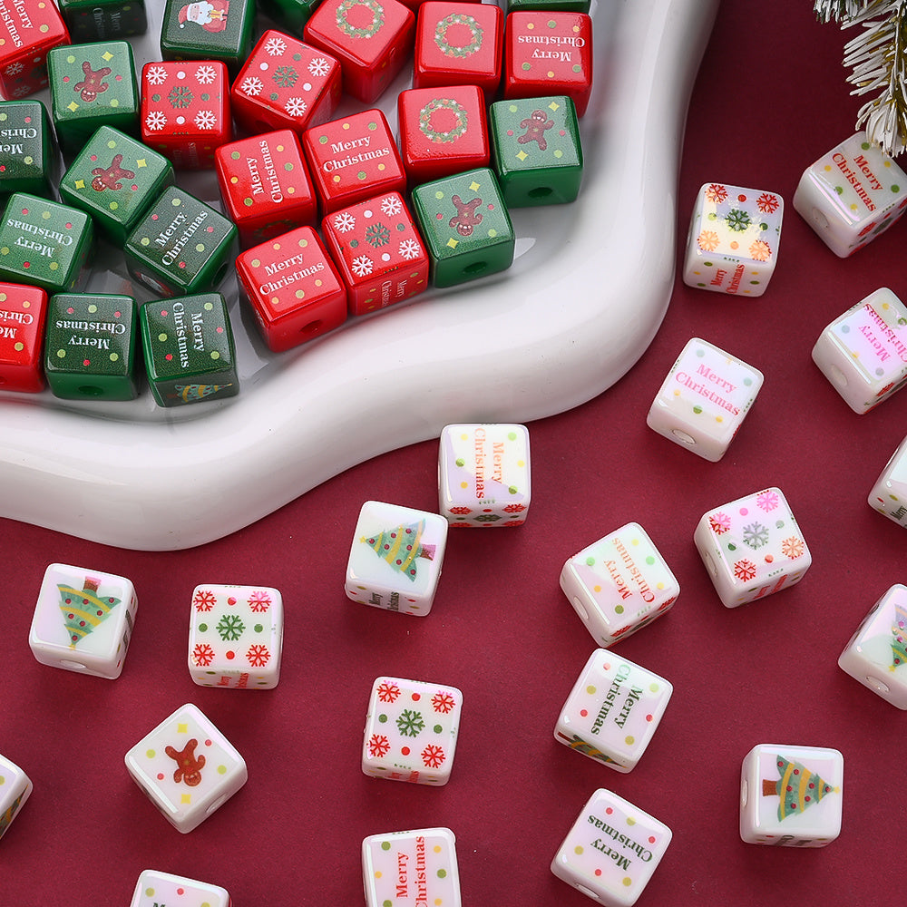 10PCS 14mm Multicolor Christmas Printed Square Acrylic Bead Set