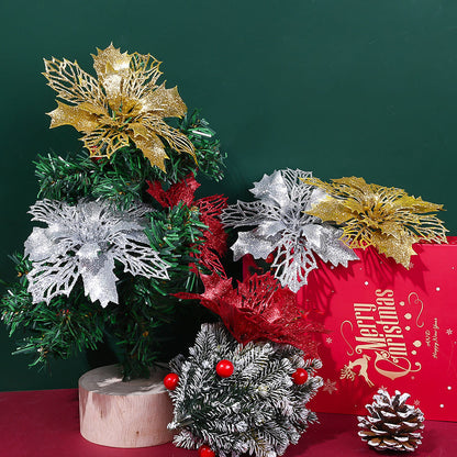 10PCS 16cm Gold, Silver & Red Hollow Christmas Flower Set