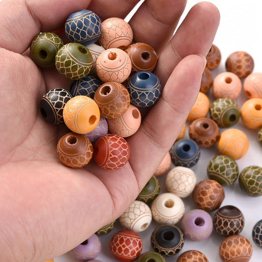 10PCS 10/16mm Fish Scale Engraved Wooden Bead Set