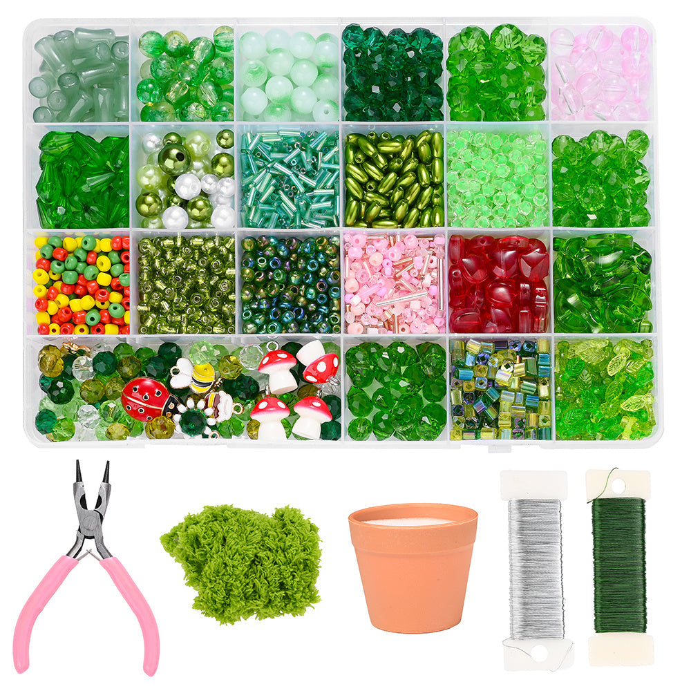 Green Plant-Themed Glass and Acrylic Bead Set