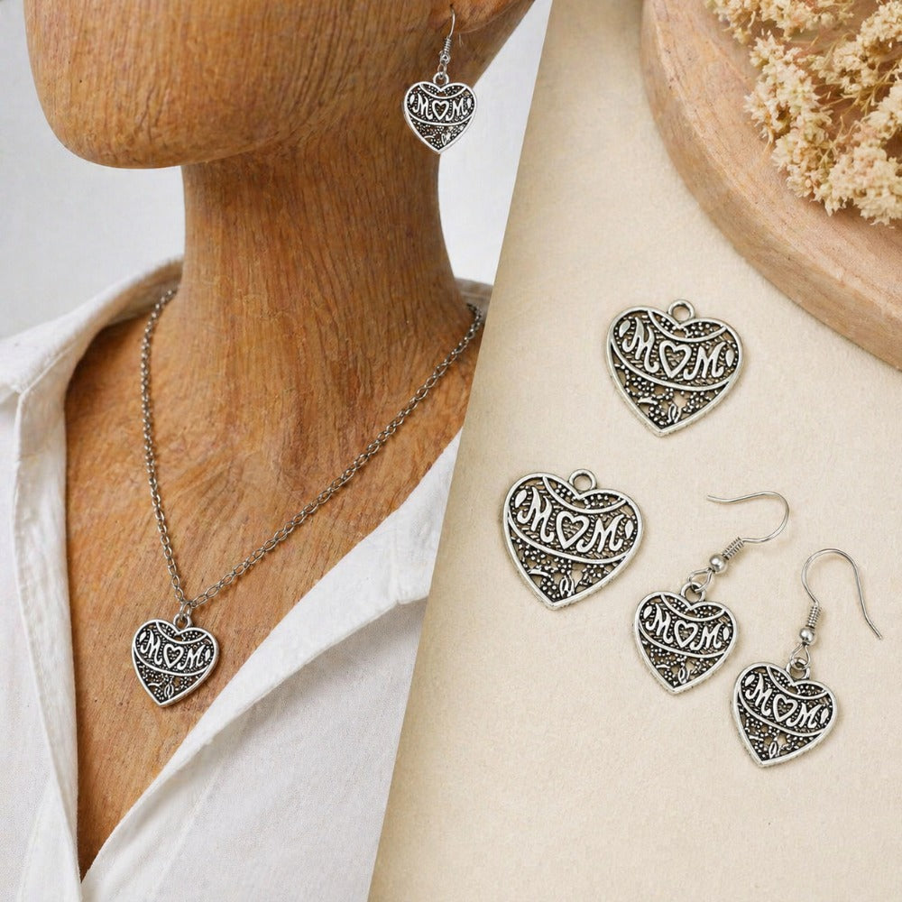 Romantic Antique Silvery Mom Heart Charms
