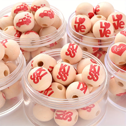 10PCS 16mm Red Kiss & Love Wooden Bead Set
