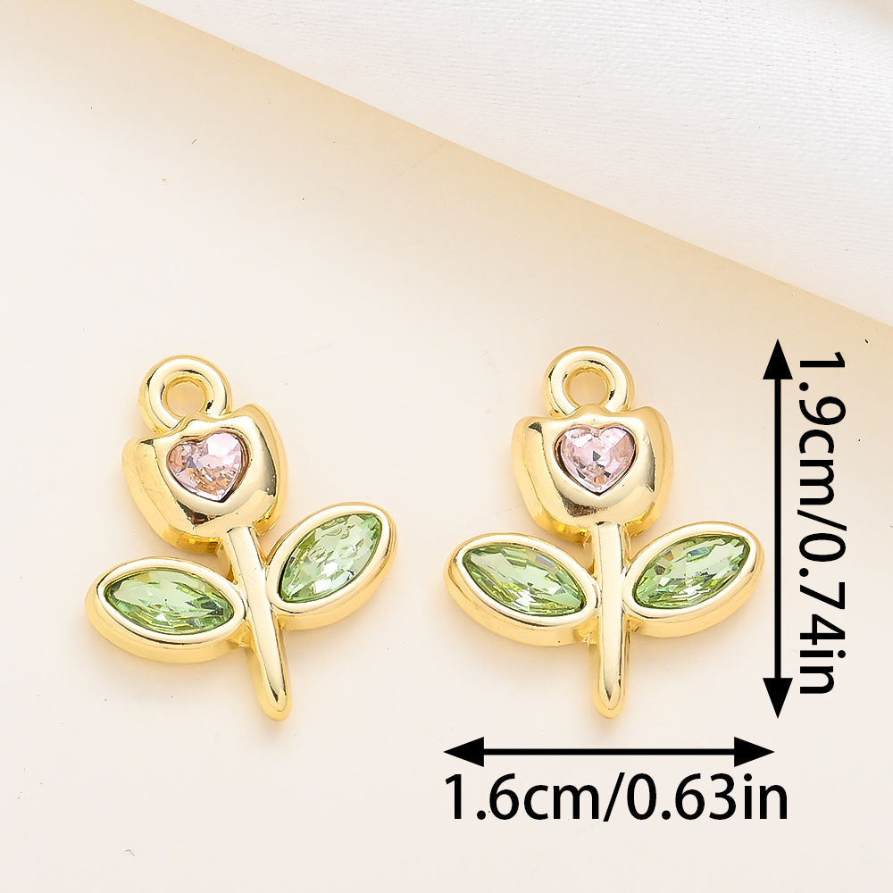 Rhinestone Heart Tulip Leaf Alloy Charms