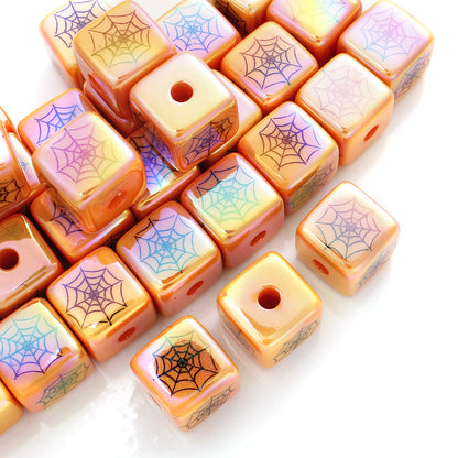 Orange Acrylic Cube Beads with Spider Web Print