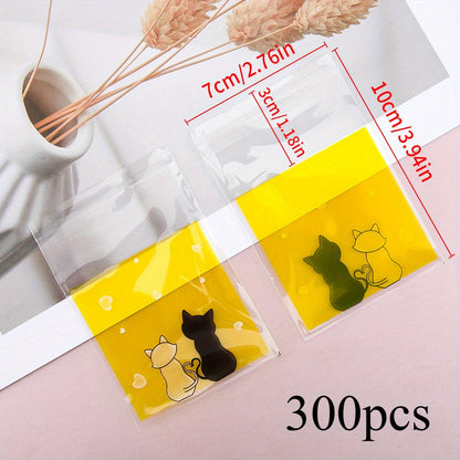 300-Piece Cat Print Self-Adhesive OPP Jewelry Bags