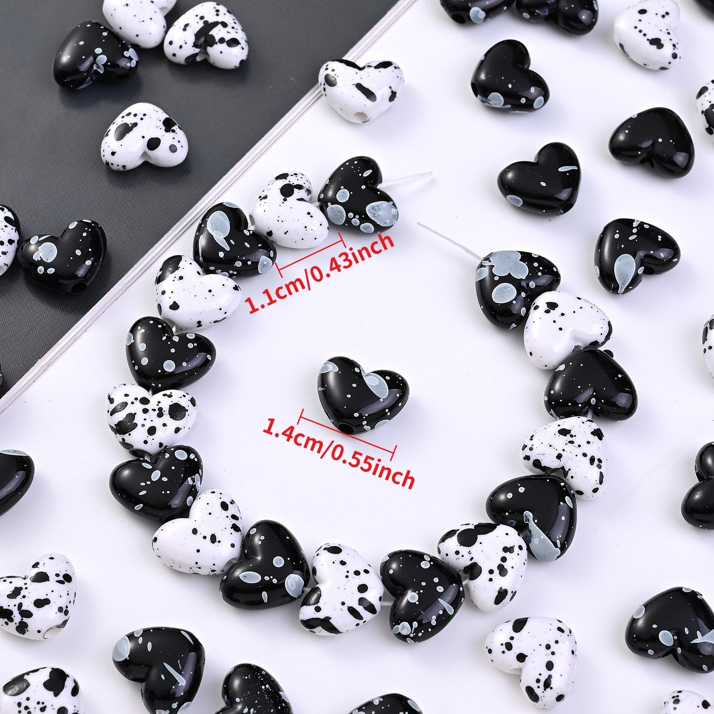 Black White Speckled Heart Acrylic Spacer Beads