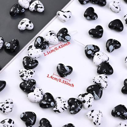 Black White Speckled Heart Acrylic Spacer Beads