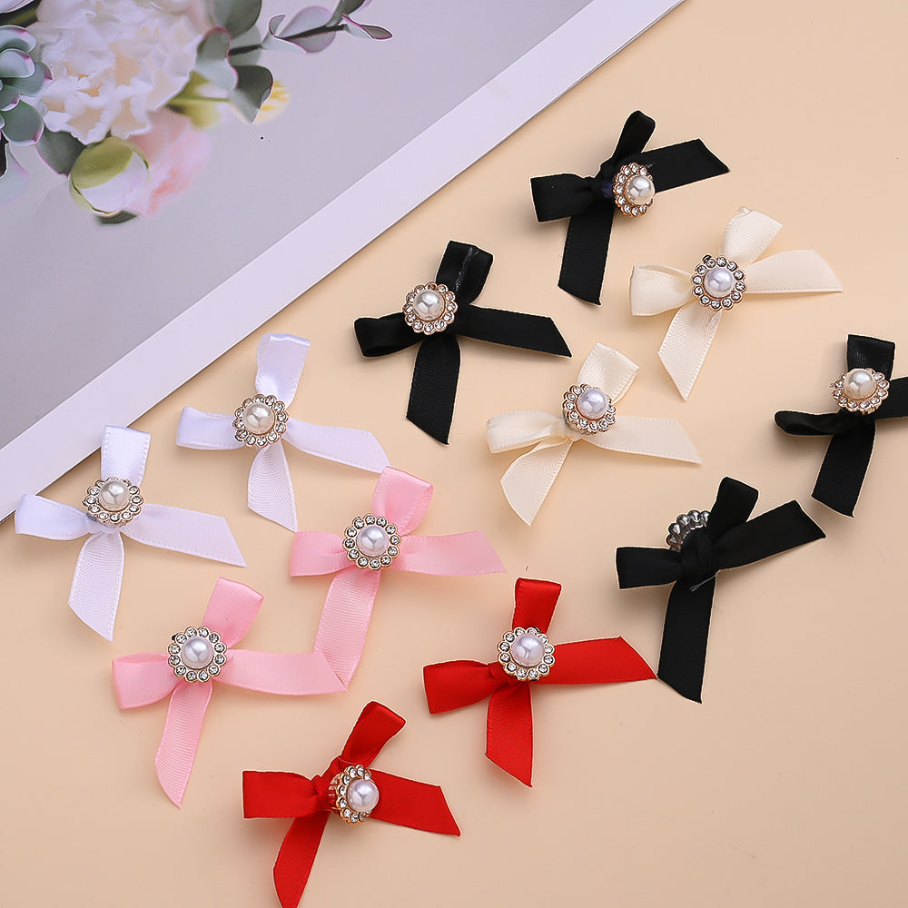 10PCS 4×5cm Pearl Ribbon Bow Rhinestone Appliques