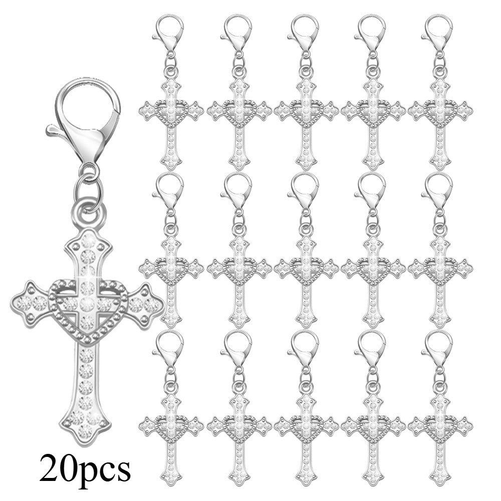20-Piece White & Gold Rhinestone Cross Keychain Set