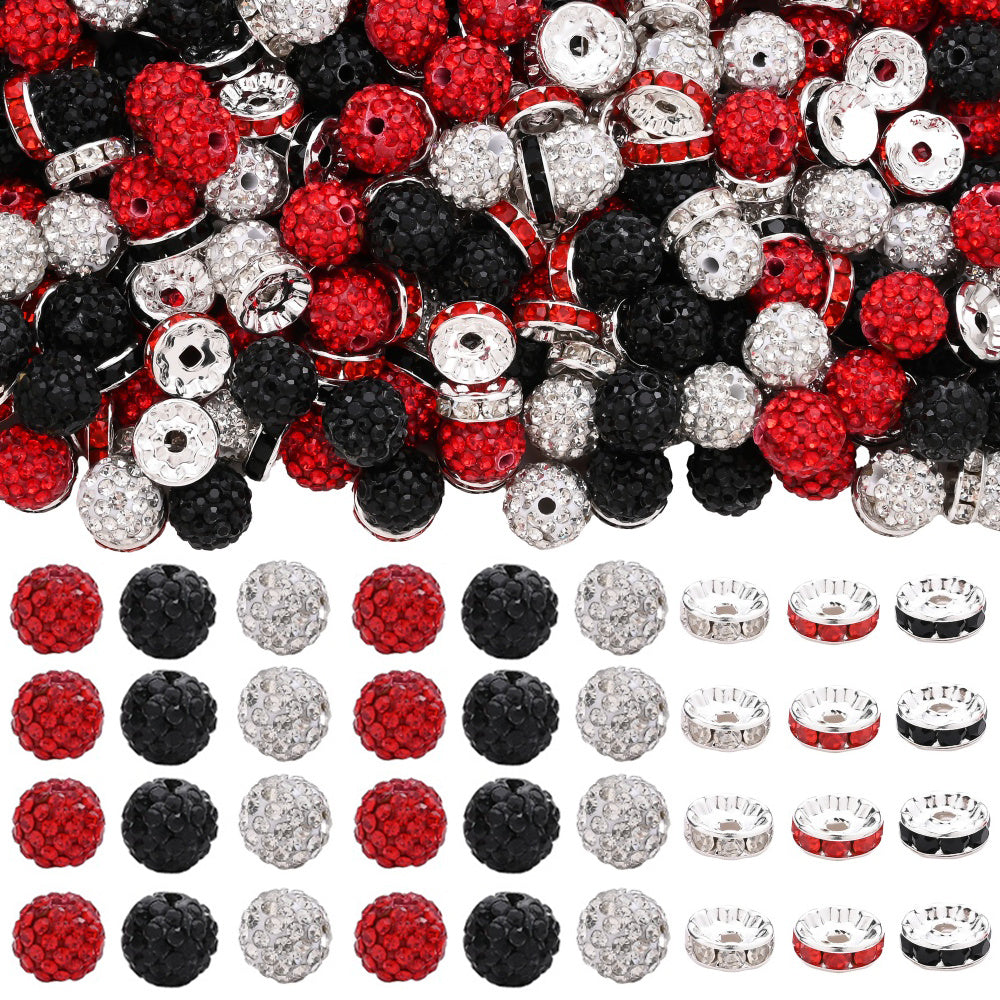 160PCS Red, Black & White Rhinestone Spacer Bead Set