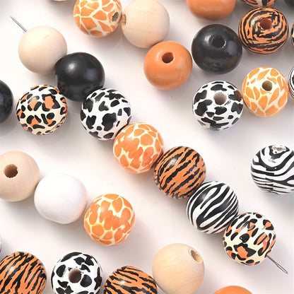 10PCS 16mm Animal Print Round Wooden Bead Set