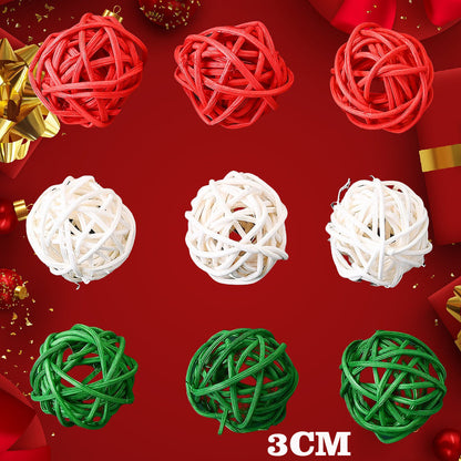 15PCS 3/4cm Red Green White Christmas Wicker Rattan Ball Set