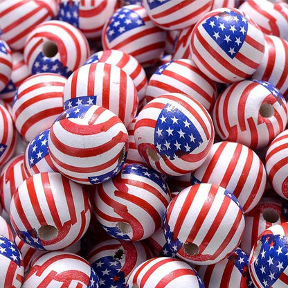 10PCS 16mm American Flag Round Wooden Bead Set