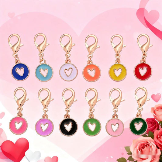 10PCS 35×12mm Hollow Heart Enamel Keychain Charm Set
