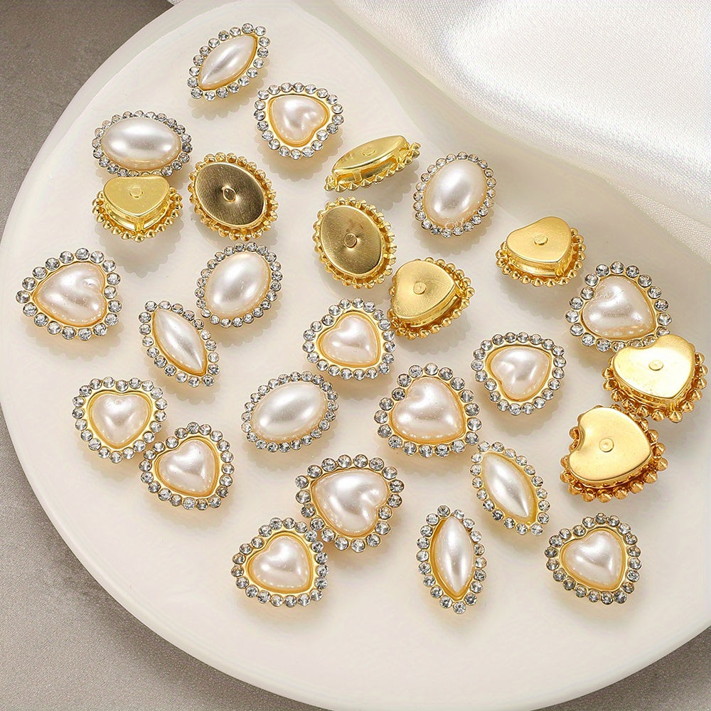 White Heart and Teardrop Rhinestone Pearl Cabochons