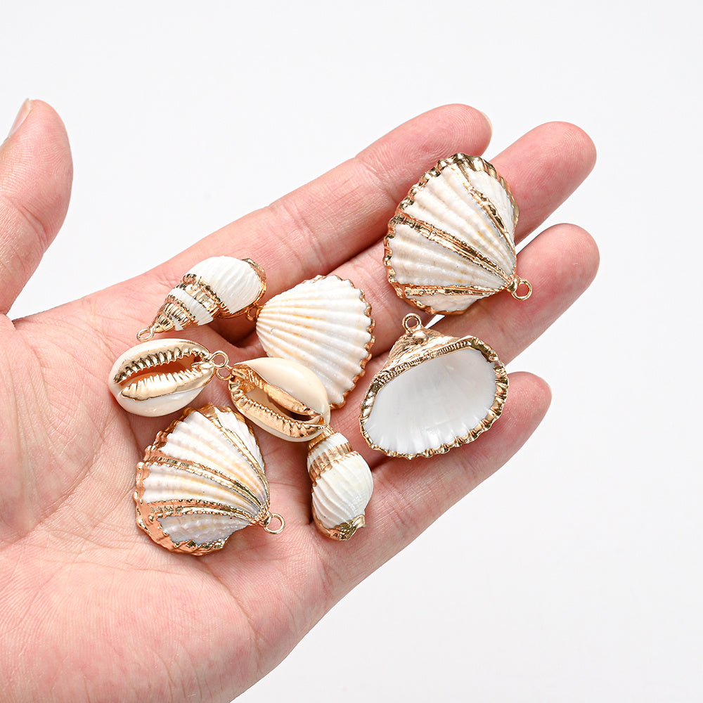 8-Piece Mixed Natural Shell Conch Charms with Gold Edges