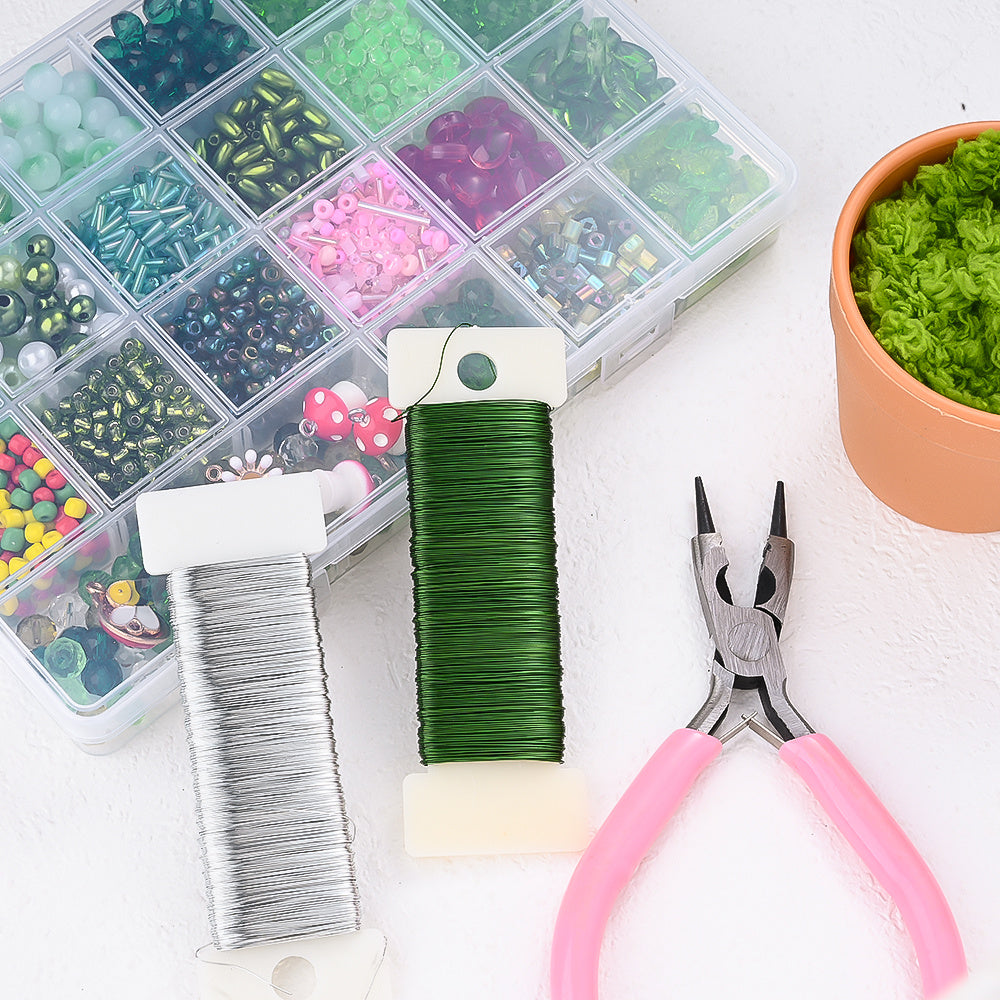 Green Plant-Themed Glass and Acrylic Bead Set