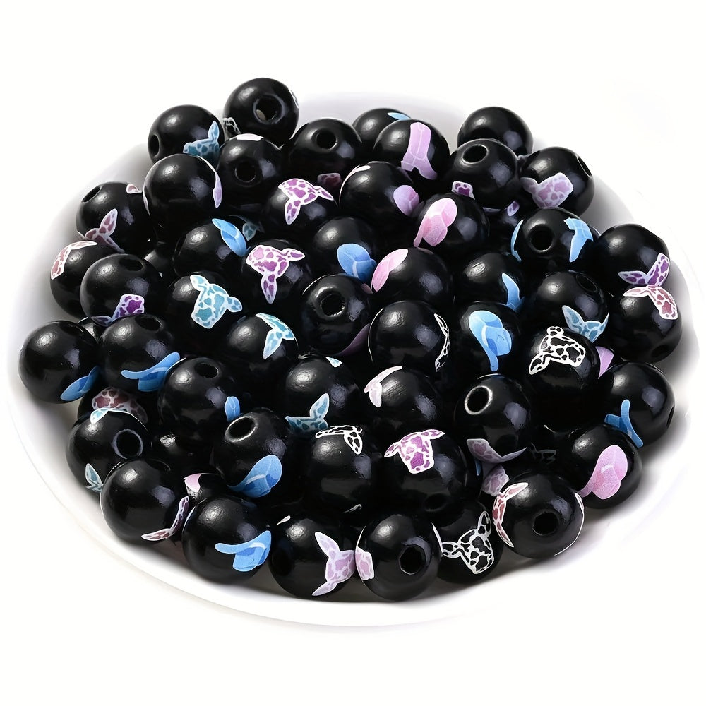 10PCS 16mm Black Bullhead Pattern Wooden Bead Set