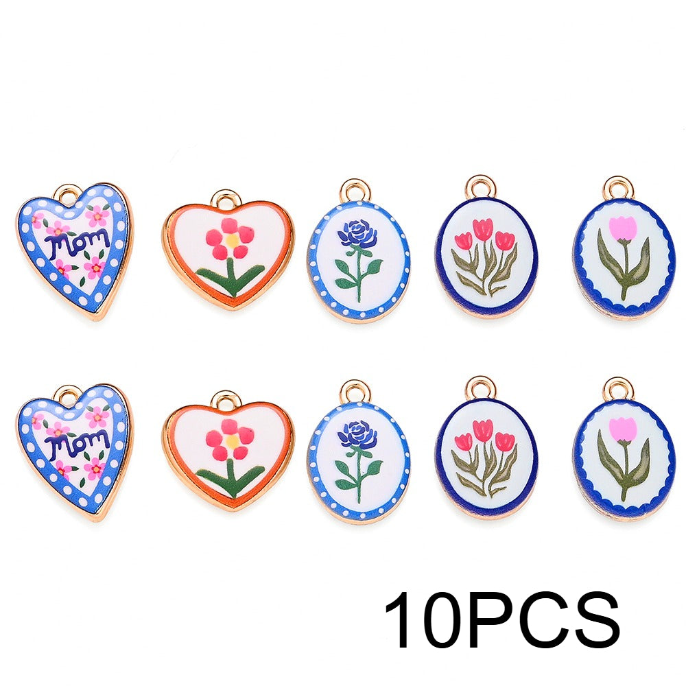 Vintage Oil Painting Heart Flower Pendant Charms