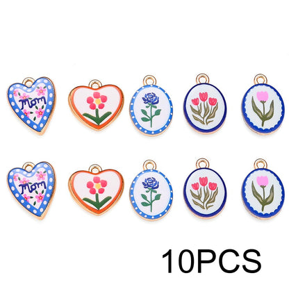 Vintage Oil Painting Heart Flower Pendant Charms