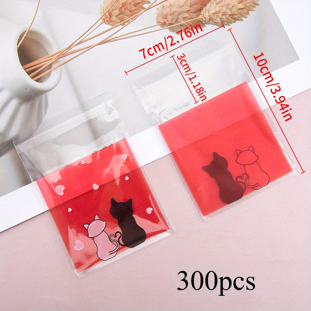 300-Piece Cat Print Self-Adhesive OPP Jewelry Bags